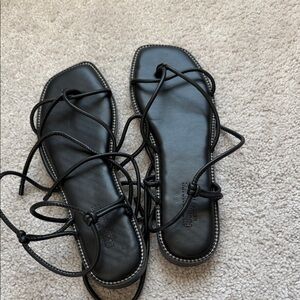 Black Lace-Up Square-Toe Flat Sandals - Women